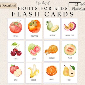 May include: Watercolor flash cards featuring various fruits, including a tomato, persimmon, jackfruit, passion fruit, cherry, guava, mandarin, melon, apple, banana, orange, and pear. The cards are labeled with the fruit names and are designed for kids.