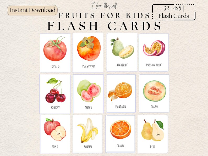 May include: Watercolor flash cards featuring various fruits, including a tomato, persimmon, jackfruit, passion fruit, cherry, guava, mandarin, melon, apple, banana, orange, and pear. The cards are labeled with the fruit names and are designed for kids.
