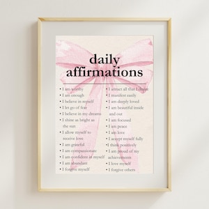 Daily Positive Affirmations Wall Art, Pink Bow Poster, Self-Love Affirmations Wall Art, Aesthetic Decor, Motivational Art, Digital Download