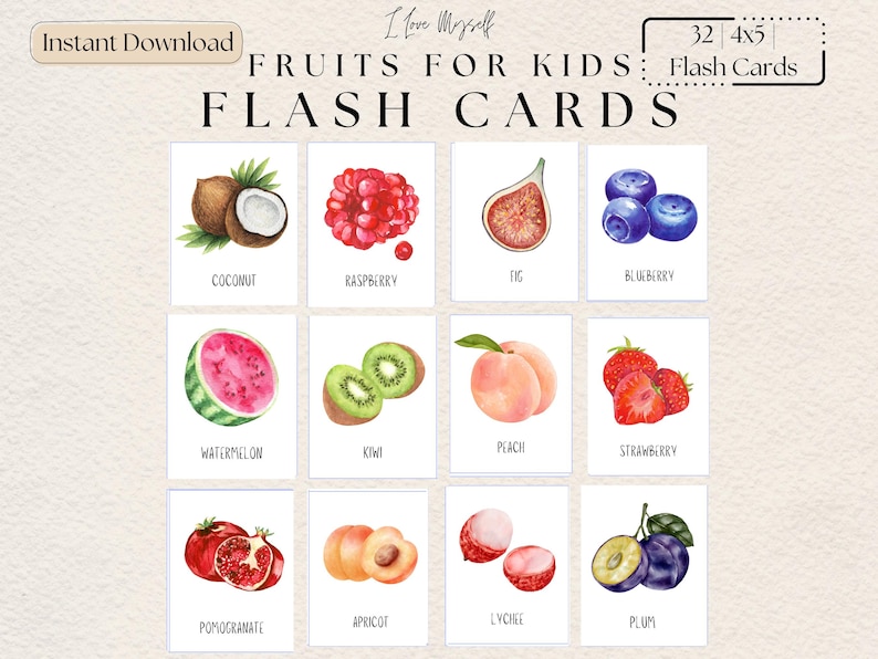 May include: A set of 32 fruit flash cards for kids, featuring watercolor illustrations of various fruits like coconut, raspberry, fig, and blueberry. The cards are 4x5 inches and available for instant download.