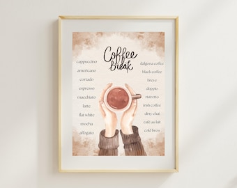 Coffee Break Wall Art, Coffee Poster, Kitchen Poster, Watercolor Coffee Printable, Coffee Shop Wall Art, Types of Coffee, Digital Download