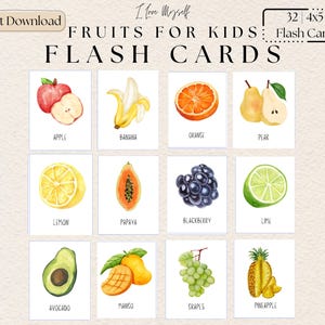 Cartes mémoire de fruits pour enfants, cartes mémoire Montessori, éducation préscolaire, 32 fruits aquarelles, cartes mémoire de fruits imprimables, téléchargement numérique