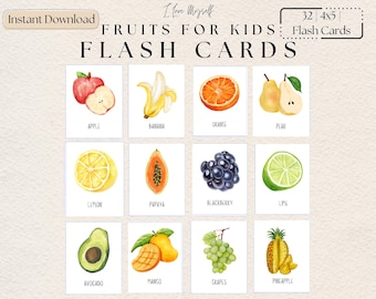 Obst Bildkarten für Kinder, Montessori Bildkarten, Vorschulbildung, 32 Aquarell Obst, druckbare Obst Karte, digitaler Download