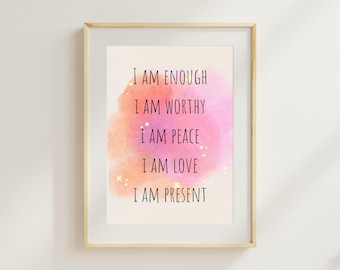 I am Positive Affirmations Wall Art, Positive Affirmations Poster, Therapy Office Decor, Self Love Poster, Mental Health, Digital Download