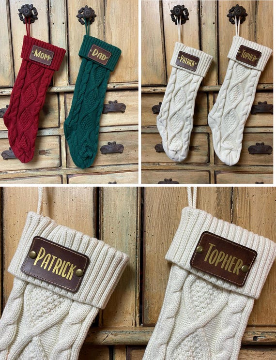 Custom personalized polyester knit stockings red green white faux leather tag Christmas socks holiday decor 18" Santa Chris Kringle