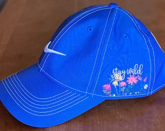 Ready to ship hand embroidered baseball cap hat wildflower design stay wild custom personalized sunflower daisy