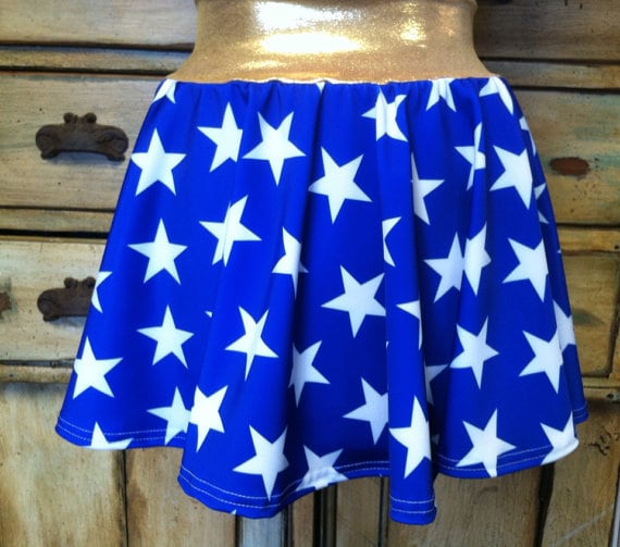 Blue Stars gold waistband running skirt optional shorts wonder superhero woman womens circle skater bathing suit
