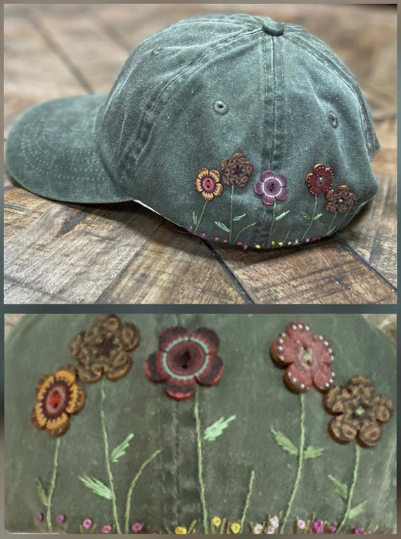Hand embroidered and ready to ship custom cap hat baseball tennis golf button flowers wildflowers mother's day gift personalized