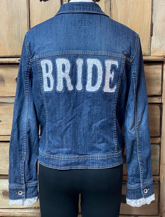 Custom embroidered jean jacket womens medium to large wedding bridal love floral lace Bride Denim Future Mrs Personalized bridal Jacket