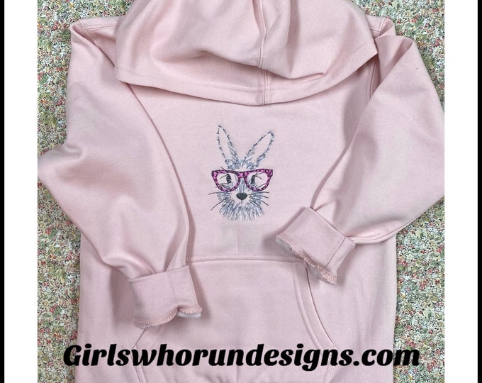 Rosewater pink custom  bunny with glasses hooded sweatshirt embroidery applique floral rabbit easter youth girls boys