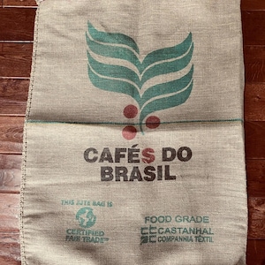raw unwashed burlap coffee bag for DIY projects oversized jute bag farmhouse upholstery grain sack unique stamp color weave cafe brasil