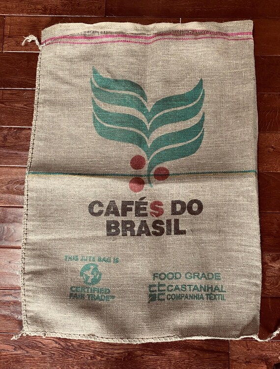 raw unwashed burlap coffee bag for DIY projects oversized jute bag farmhouse upholstery grain sack unique stamp color weave cafe brasil