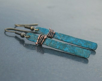Verdigris Patina Earrings - Patina Jewelry - Patina Earrings - Copper Patina - Boho Jewelry - Copper Anniversary - Medium Length Bar Earring