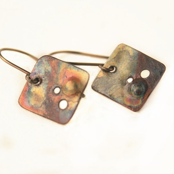 Square copper earrings, flame painted, rustic jewelry