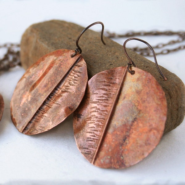 Rustic copper earrings, fold formed jewelry, torch fired finish, handmade metalwork earrings