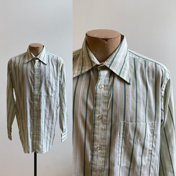 Green Striped Vintage Button Down / Vintage 1970s