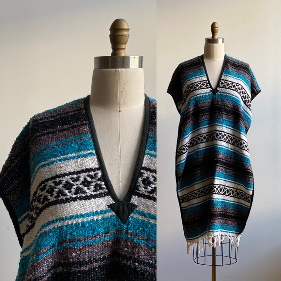 Vintage Mexican Blanket Poncho / Blue and Black Po