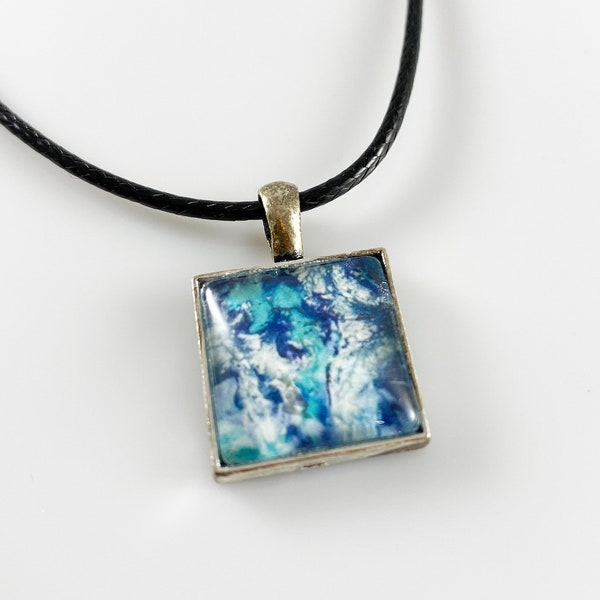 Square Glass Pendant with Black Cord Necklace - You Choose Length - SQ7