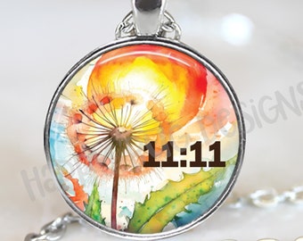 Dandelion Wish Flower with 11:11 Make A Wish Changeable 1" Magnetic Pendant Necklace with Organza Bag