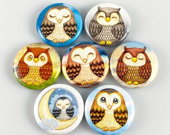 Owls Magnet Set of 7 One Inch Magnets