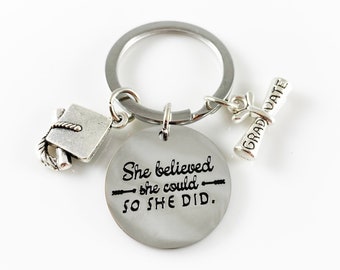 She Believed She Could So She Did Graduation Keychain with Cap and Diploma Charms