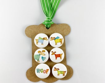 Dogs in Sweaters Magnet Set of 6 One Inch Magnets on Dog Bone Gift Tag