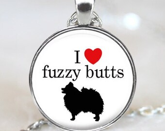 I Love Fuzzy Butts Pomeranian Magnetic Pendant Necklace with Paw Print Organza Bag