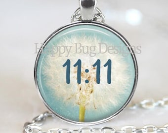 Dandelion Wish Flower with 11:11 Make A Wish Changeable 1" Magnetic Pendant Necklace with Organza Bag