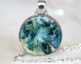 Blue & Green Feathers Changeable 1" Magnetic Pendant Necklace with Organza Bag