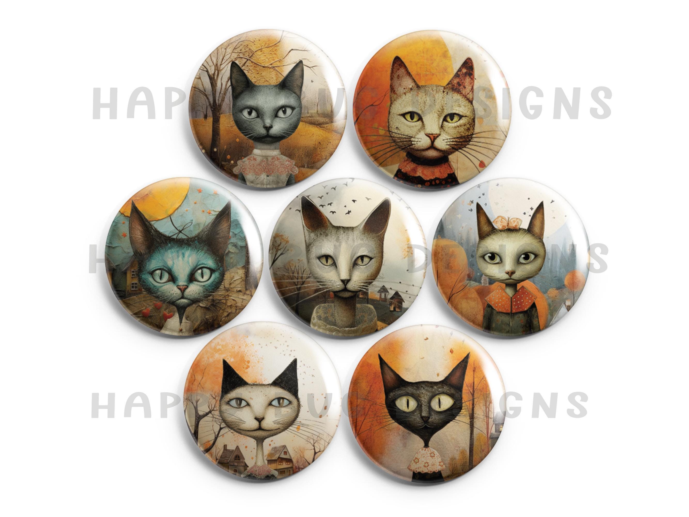 Whimsical Cat Magnets Set of 7 | 1 Inch Fall Colors Folk Art Cat ...