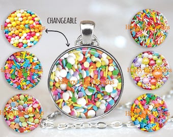 Baker's Confection Sprinkles Jimmies Changeable Magnetic Pendant Necklace with 7 Interchangeable Magnets and an Organza Bag