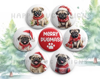 Christmas Pugs Magnet Set #3 - 7 One Inch Magnets