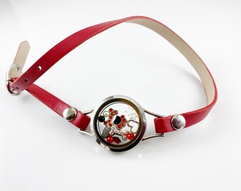 Love Dogs Memory Bracelet on Red Watch Band - Dog Themed Charms, Crystal Hearts, Organza Bag