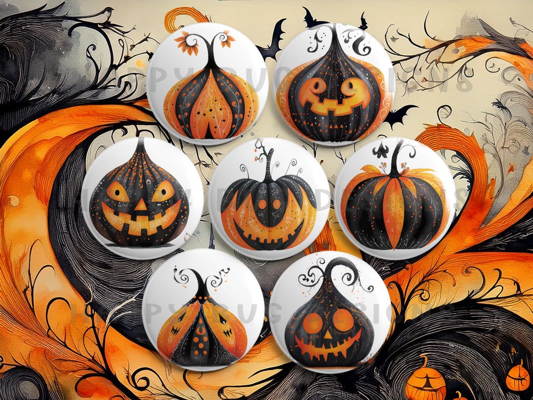 Folk Art Pumpkin Magnet Set – 7 Halloween Magnets, 1” Autumn Folk Art ...