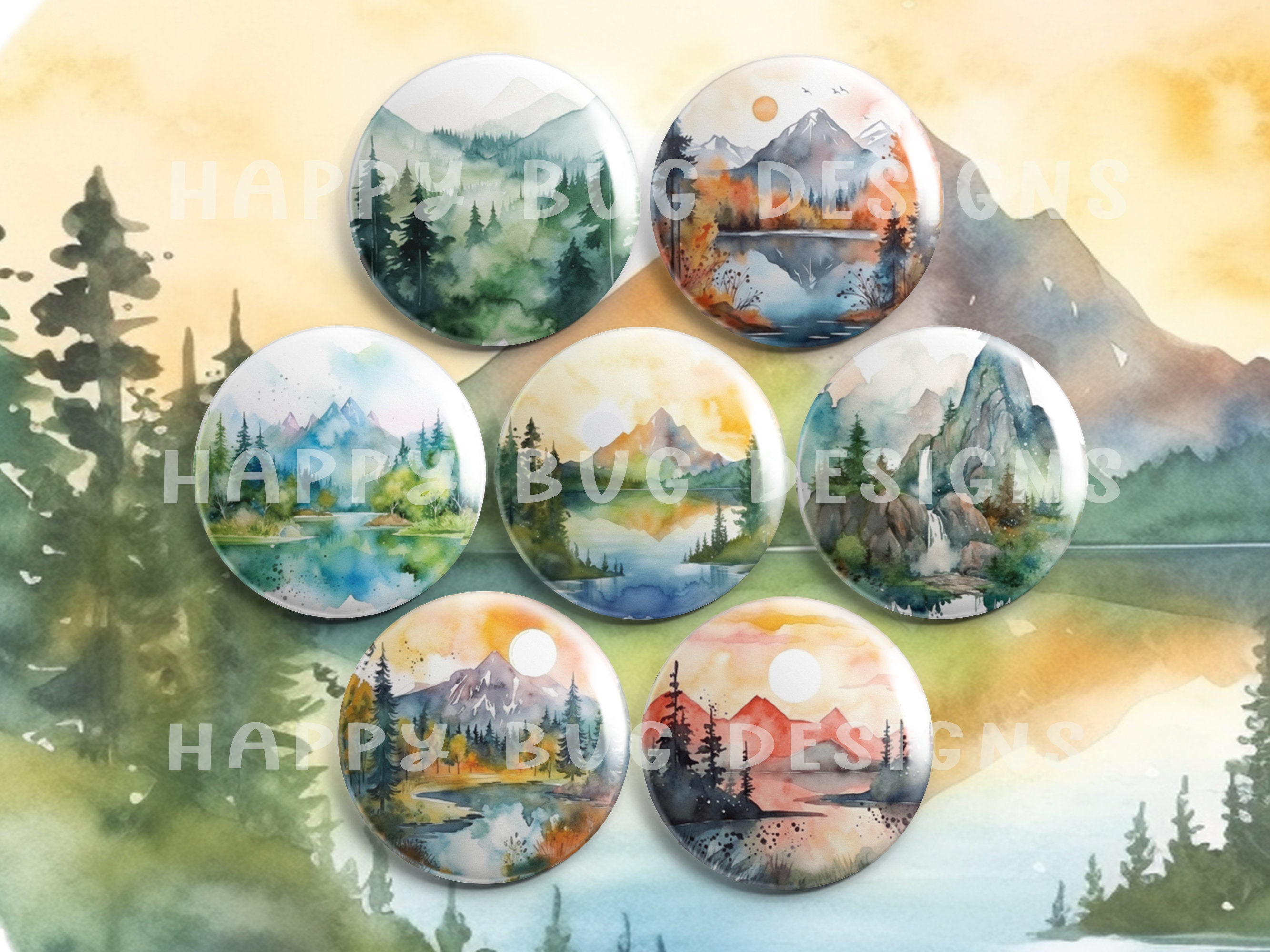 Watercolor Mountain Scenes 1" Magnets - Set of 7 One Inch Magnets - Etsy