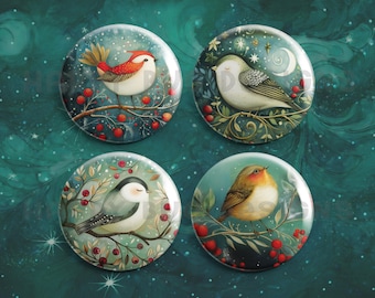 Birds Magnet Set – 4 Watercolor Bird Magnets, 1” Winter Art Refrigerator Décor