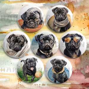 Black Pugs Magnet Set - 7 One Inch Magnets
