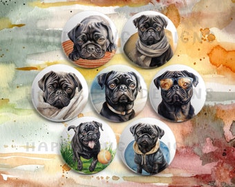 Black Pugs Magnet Set - 7 One Inch Magnets