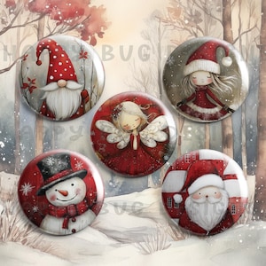 May include: Set of five round Christmas-themed buttons. Each button features a different festive design: a gnome, an angel, a snowman, a girl in a Santa hat, and Santa Claus. The buttons are red, white, and gray with wintery illustrations.