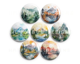 Watercolor Mountain Scenes 1" Magnets - Set of 7 One Inch Magnets