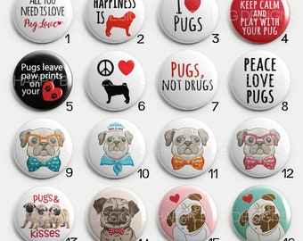 Pug Magnets - 1 Inch Button Magnets - Choose Individual Magnets or a Set - Group B