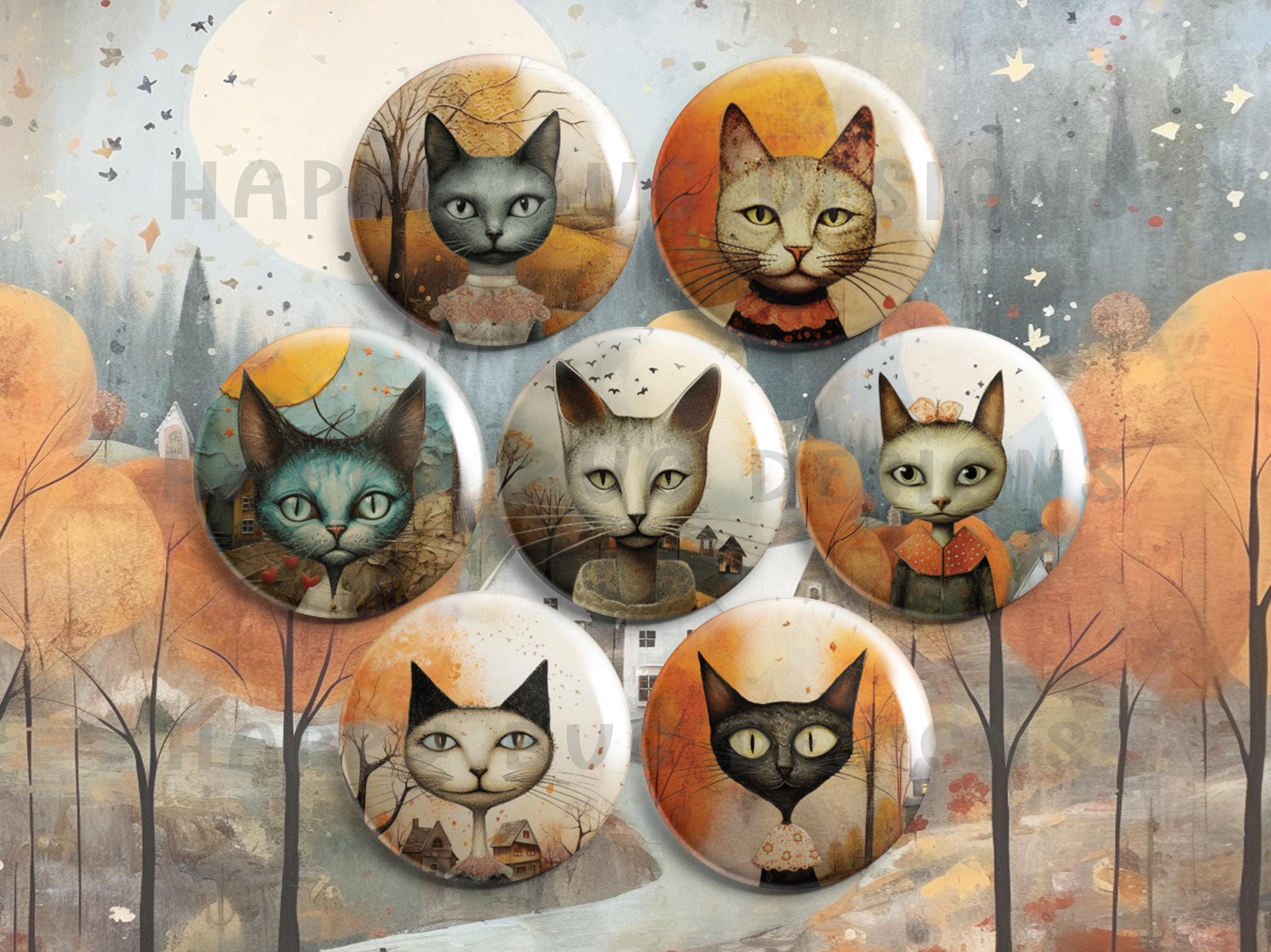 Whimsical Cat Magnets Set of 7 | 1 Inch Fall Colors Folk Art Cat ...