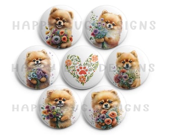 Floral Poms Pomeranian Magnet Set - 7 One Inch Magnets