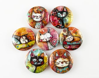 Whimsical Cats Set of Seven One Inch 1" Magnets