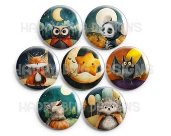 Woodland Halloween Magnets – Wearable Art - Set of 7 One Inch 1" Magnets