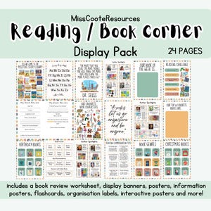 Classroom Reading Area Display Pack: Book Corner, Flashcards, Interactive Posters, Organisation Labels, Mostly KS1, Class Library
