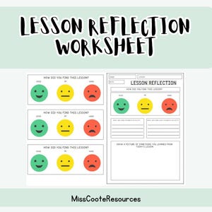Puede incluir: Una hoja de trabajo imprimible de reflexión sobre la lección con tres secciones para que los estudiantes puedan evaluar cómo encontraron la lección, enumerar sus actividades favoritas y menos favoritas, y dibujar una imagen de algo que aprendieron. La hoja de trabajo incluye un título, "Hoja de trabajo de reflexión sobre la lección", y el texto "¿Cómo encontraste esta lección?" con tres caras sonrientes que representan "Bueno", "Ok", y "Difícil".