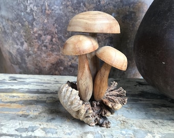 May include: A set of three wooden mushrooms, carved in a realistic style, with brown and tan tones. The mushrooms are arranged on a piece of driftwood with a natural, weathered look.