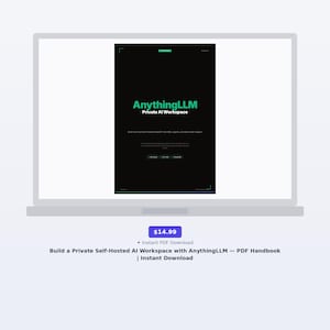 May include: A digital display on a laptop screen showing the AnythingLLM Private AI Workspace interface. The black background features green text reading AnythingLLM Private AI Workspace, with additional descriptive text and three buttons below.