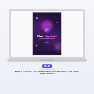 Puede incluir: Una portada de libro digital titulada Effect in TypeScript: Functional Programming for Production por Alex Rivera. El diseño presenta un fondo degradado de color púrpura oscuro con un icono hexagonal central, un logotipo TS y pequeños elementos gráficos.
